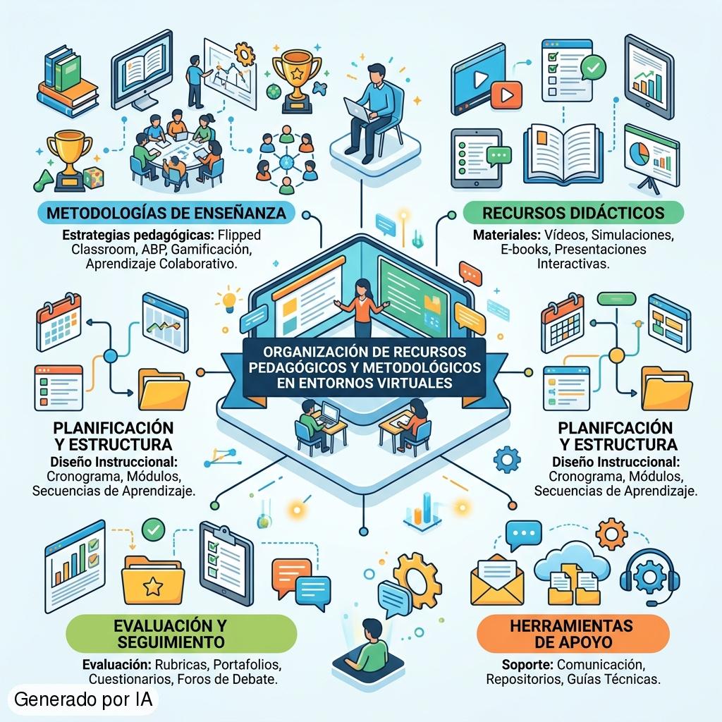 Organización de recursos pedagógicos y metodológicos en entornos virtuales - Generado por IA