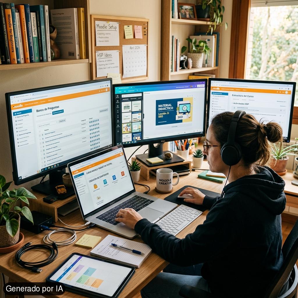 una persona que trabaja desde un escritorio en su notebook  y varias pantallas en donde genera contenidos para plataforma virtual moodle - Generado por IA