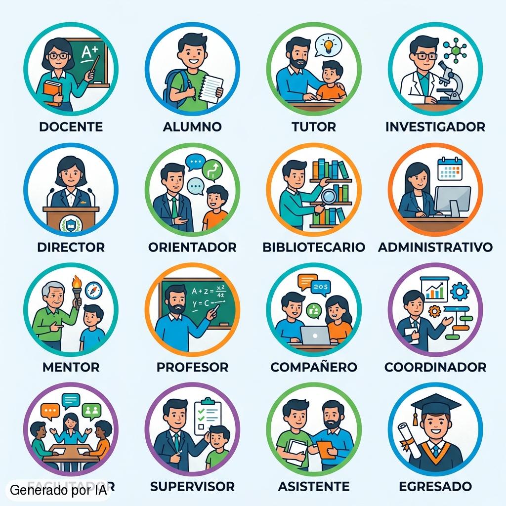 diferentes roles académicos en iconos (docente, alumno, tutor, etc - Generado por IA